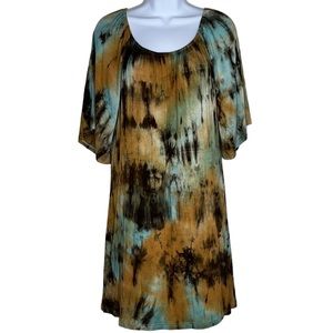 3 for $20 HONEYLEE Tie Dye 3/4 Bell Sleeve Dress Mustard Brown Turquoise Flowy M
